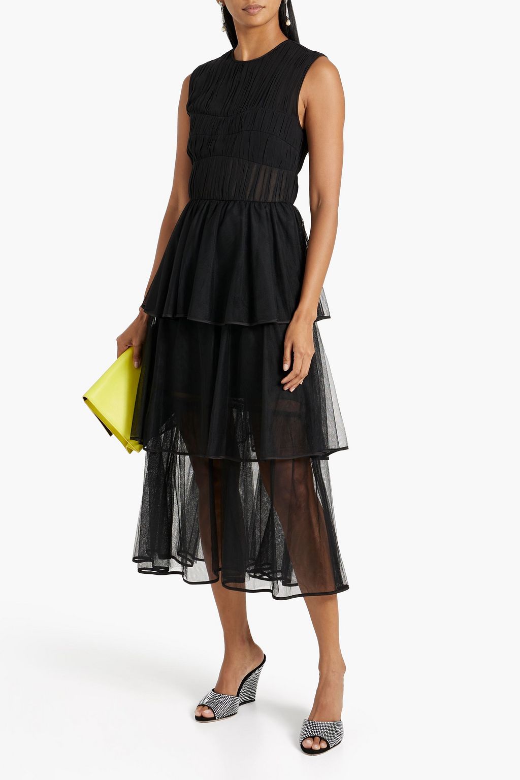 SIMKHAI Benton tiered plissé-tulle midi dress