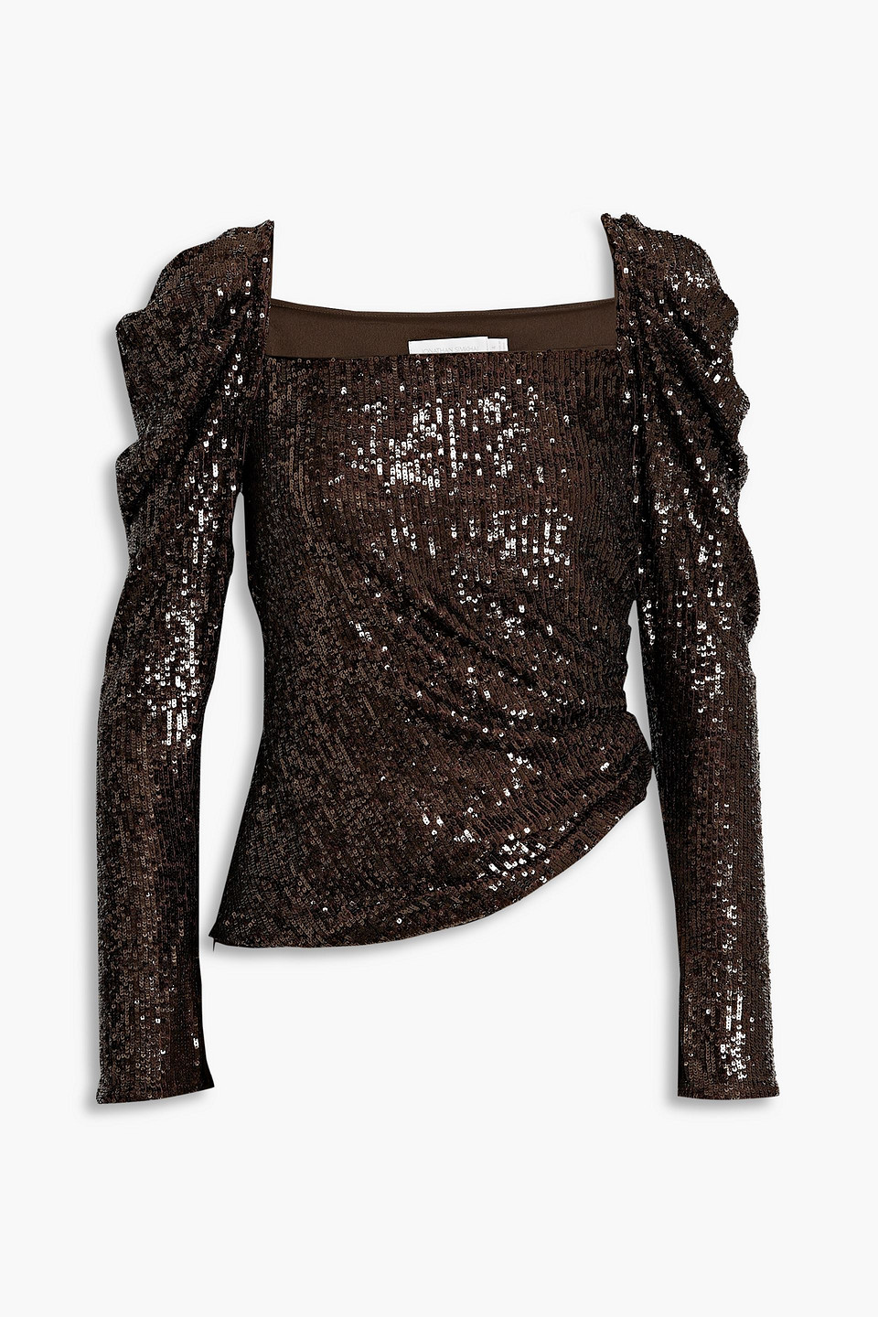 Simkhai Allura Ruched Sequined Jersey Top In Chocolate