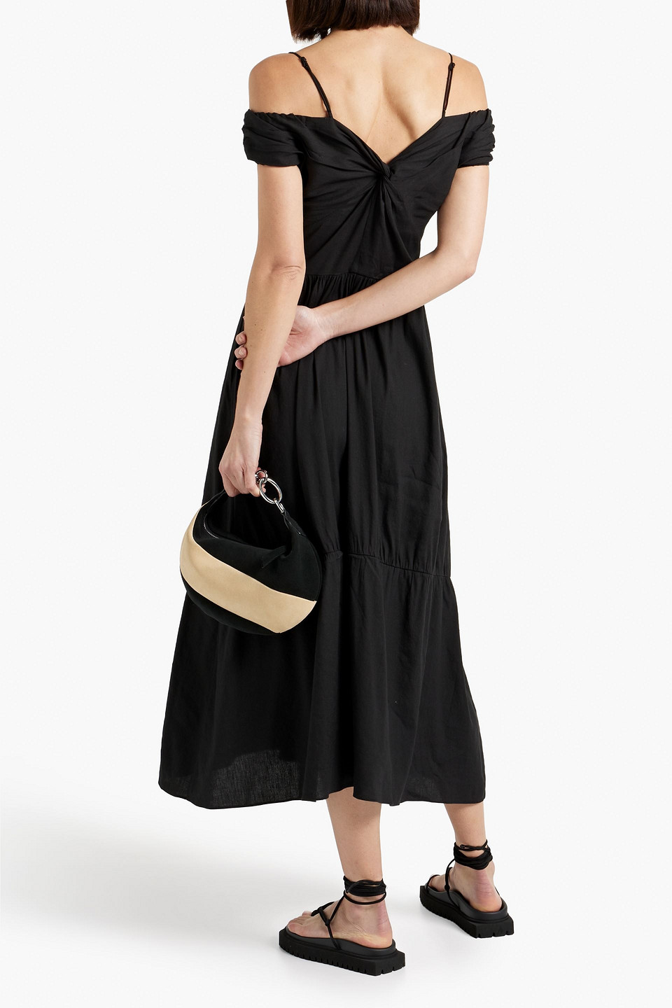 Shop Vince Cold-shoulder Twist-front Linen-blend Midi Dress In Black