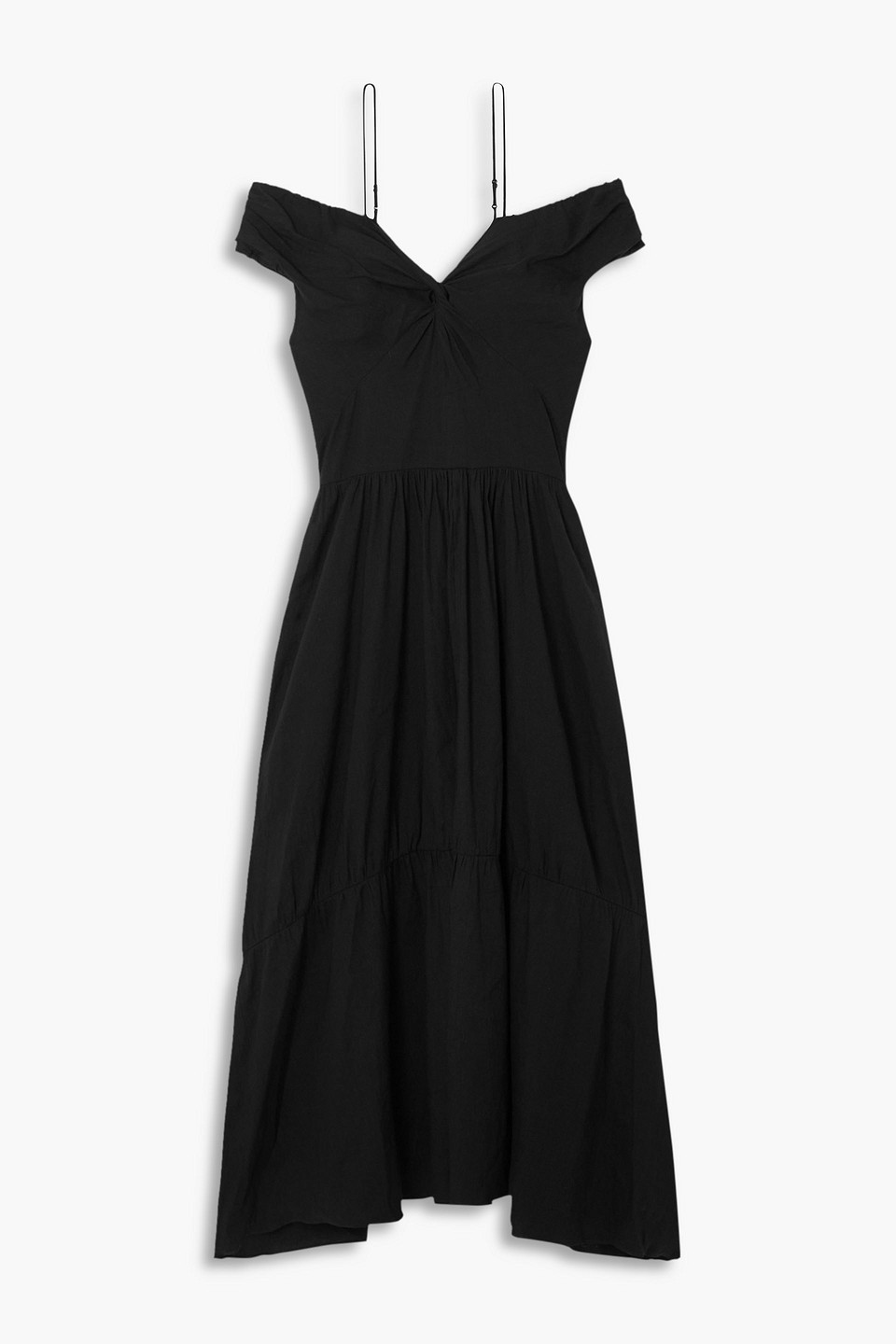 Shop Vince Cold-shoulder Twist-front Linen-blend Midi Dress In Black