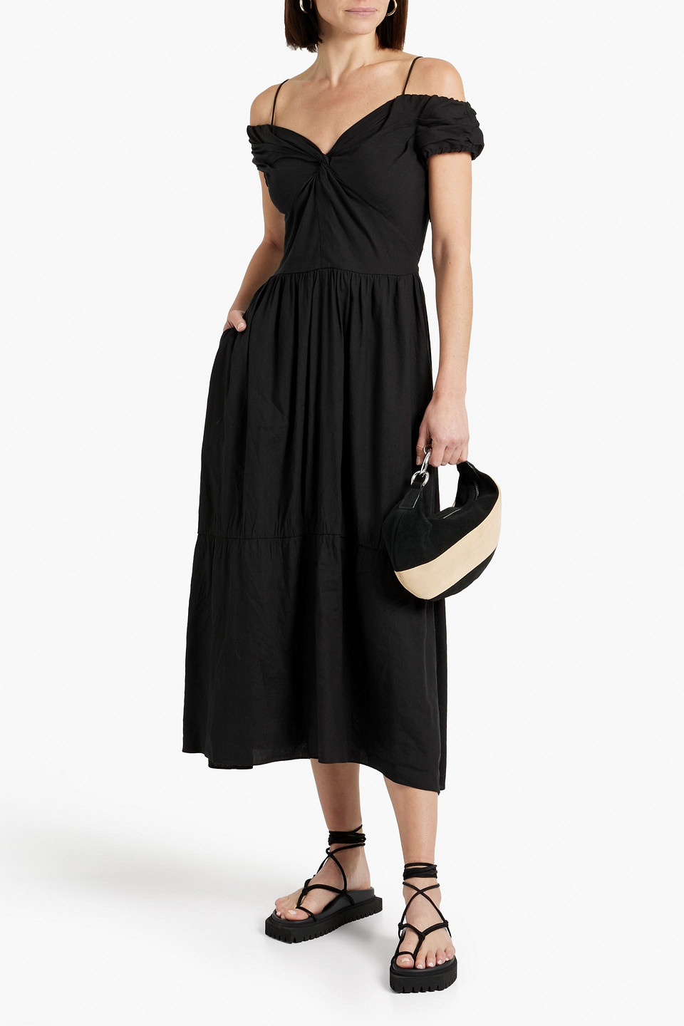 Shop Vince Cold-shoulder Twist-front Linen-blend Midi Dress In Black