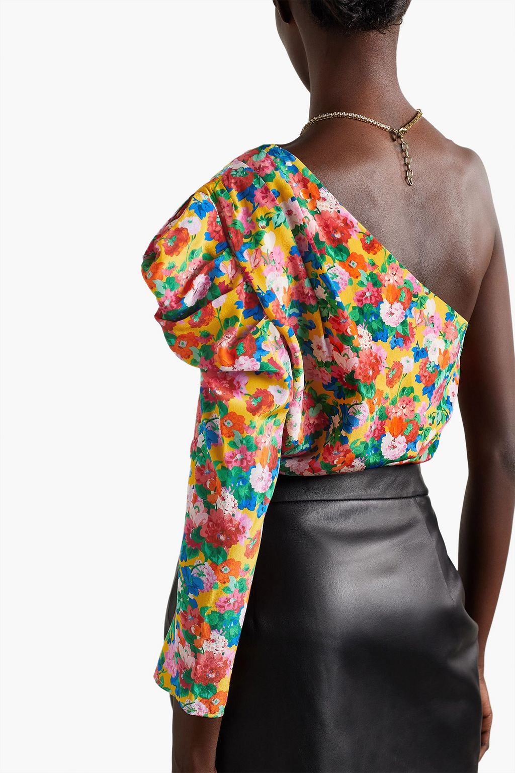 LES RÊVERIES One-sleeve floral-print silk-satin top