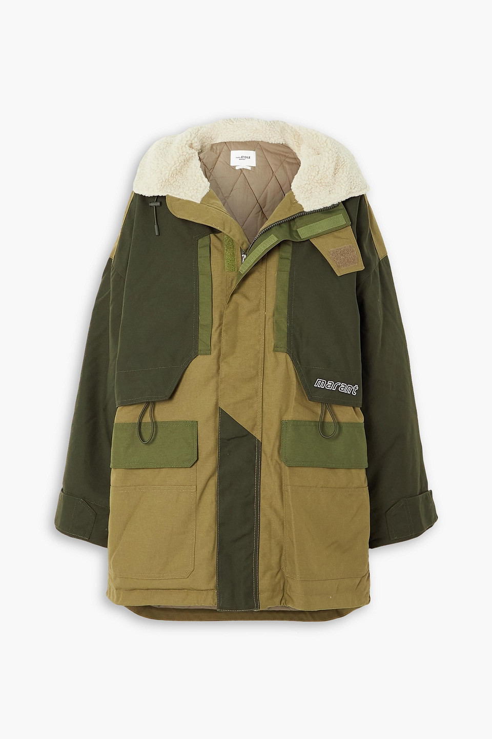 Isabel Marant Étoile Gane Oversized Hooded Color-block Faux Shearling-trimmed Shell Parka In Army Green