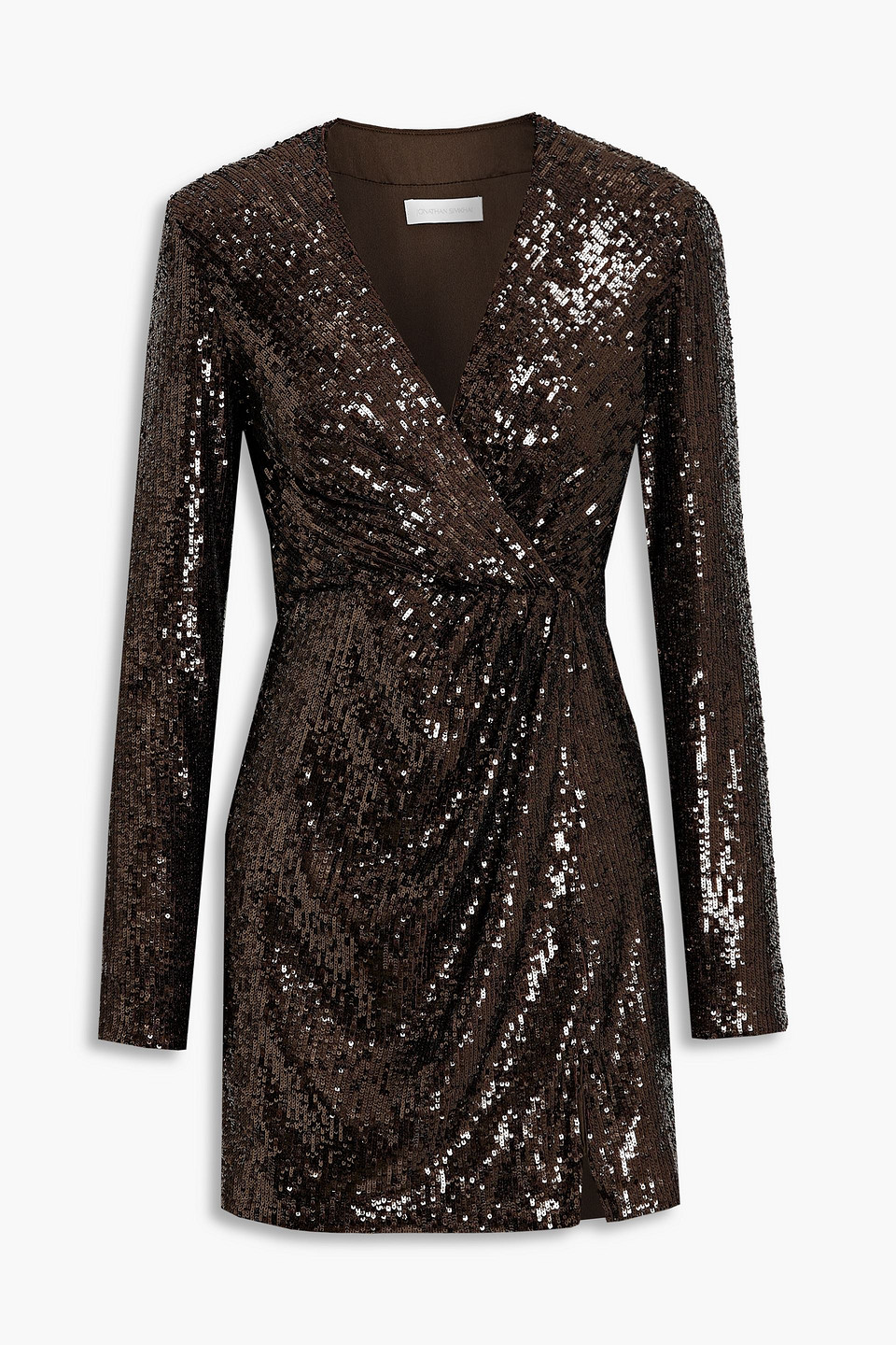 Simkhai Monty Wrap-effect Sequined Jersey Mini Dress In Chocolate