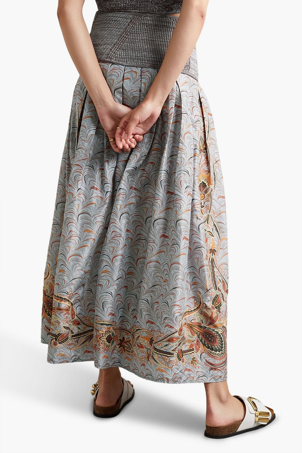 ULLA JOHNSON Lena pleated printed taffeta and ribbed-knit maxi skirt