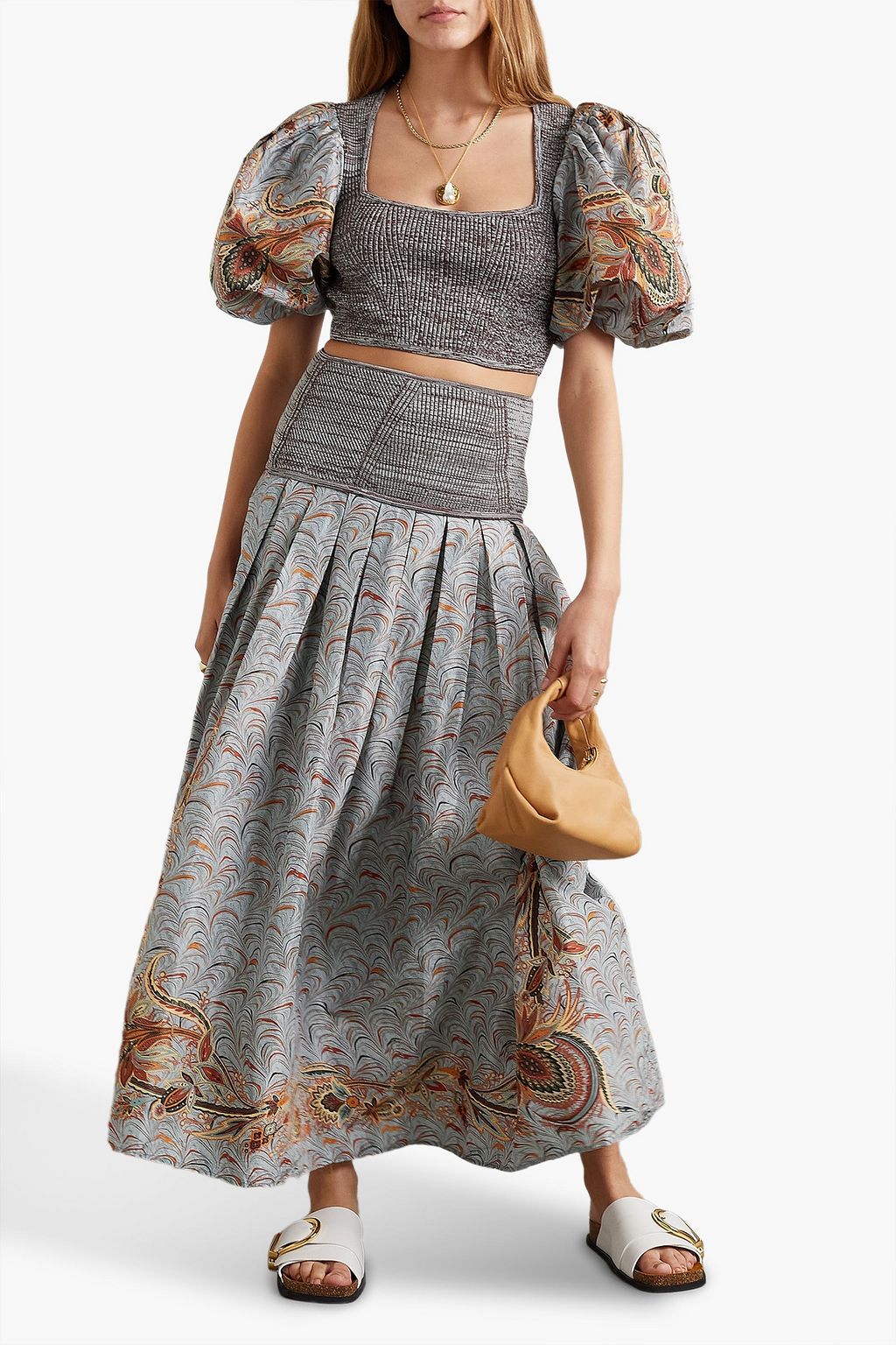 ULLA JOHNSON Lena pleated printed taffeta and ribbed-knit maxi skirt