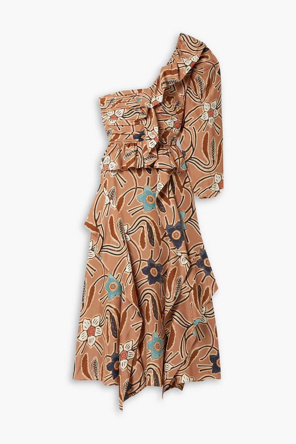 ULLA JOHNSON MARIAM ONE-SLEEVE RUFFLED PRINTED SILK MIDI DRESS