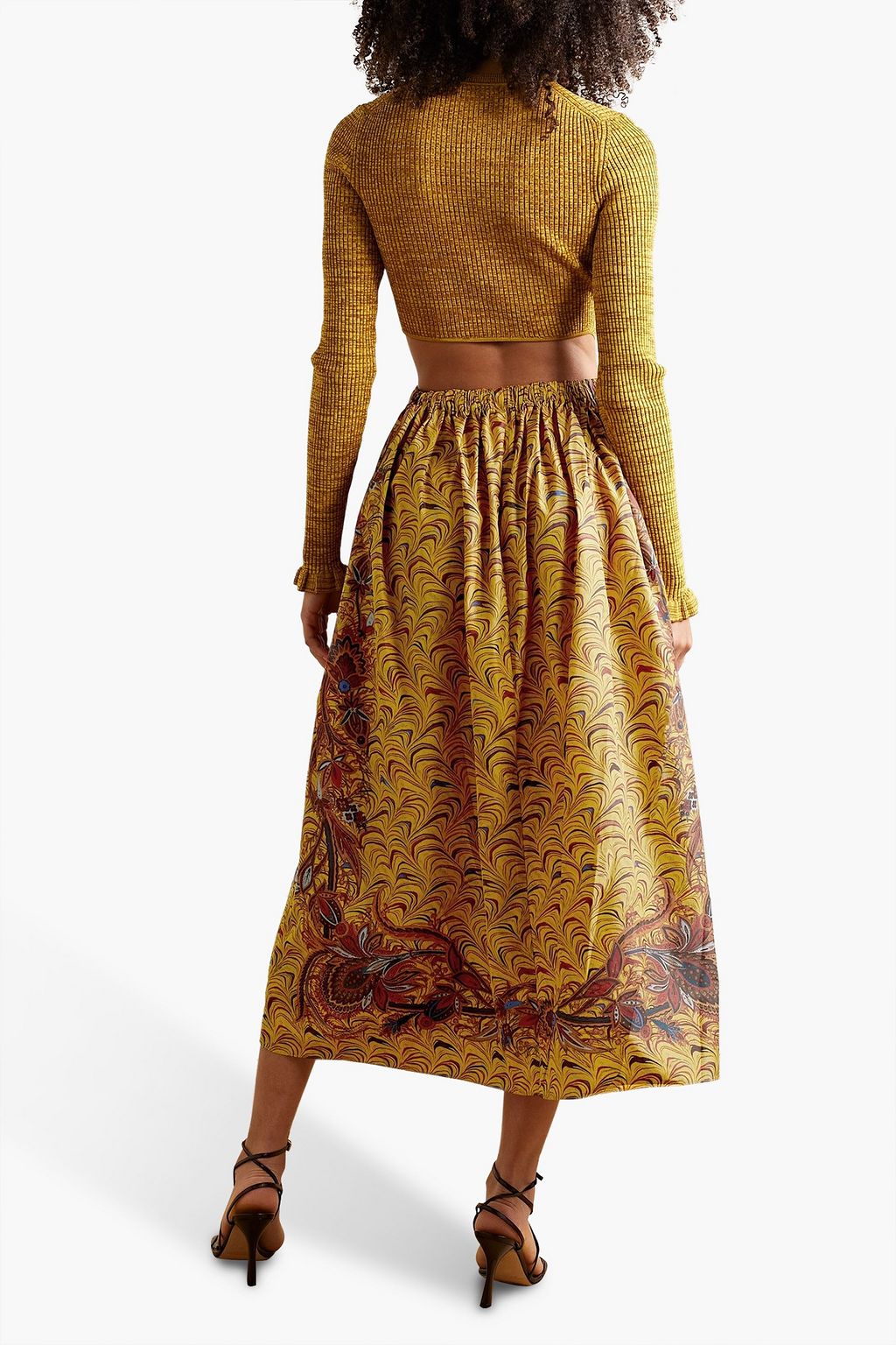ULLA JOHNSON リブ編みニット&タフタ ミディワンピース カットアウト プリント入り