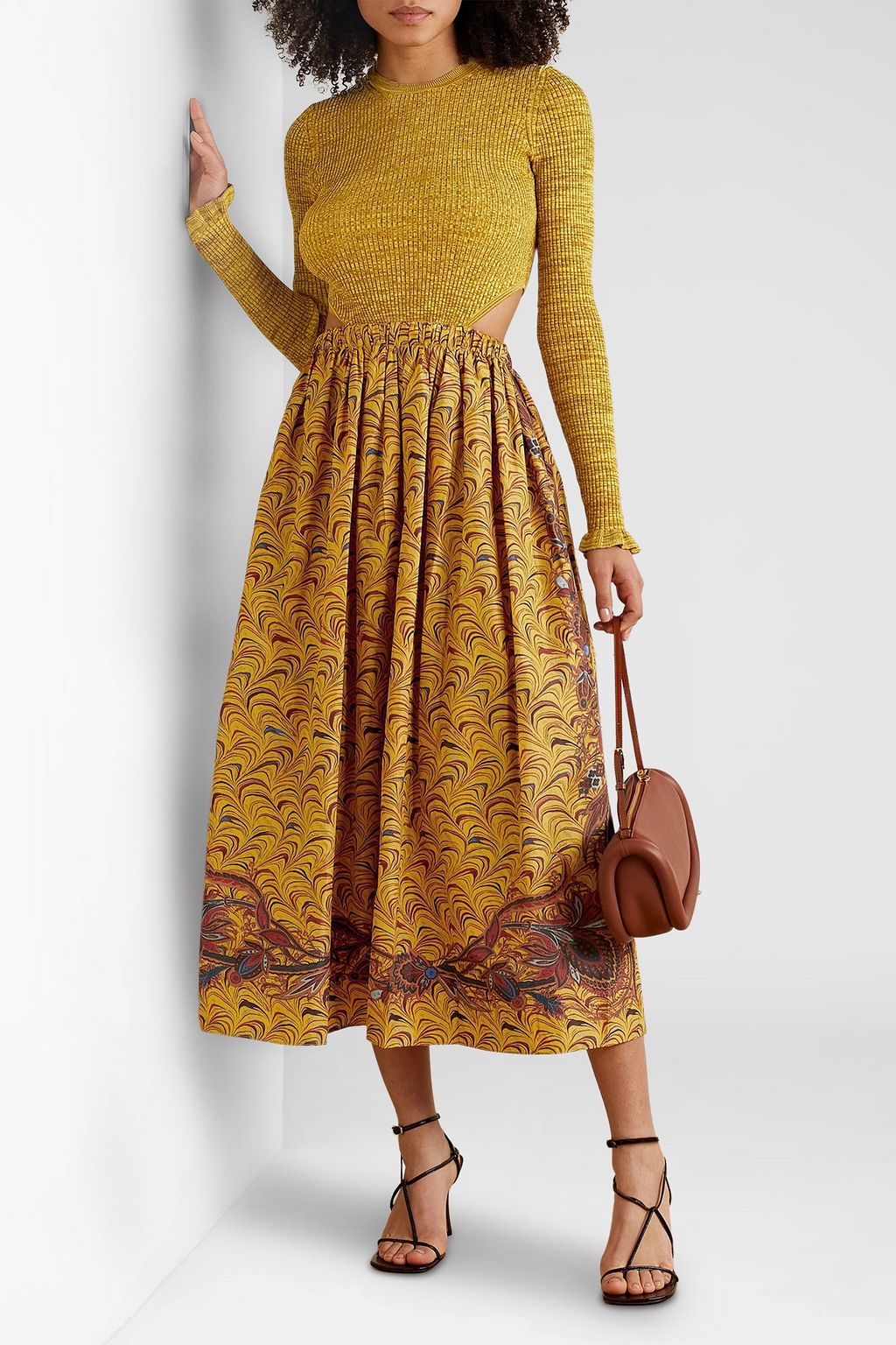 ULLA JOHNSON リブ編みニット&タフタ ミディワンピース カットアウト プリント入り