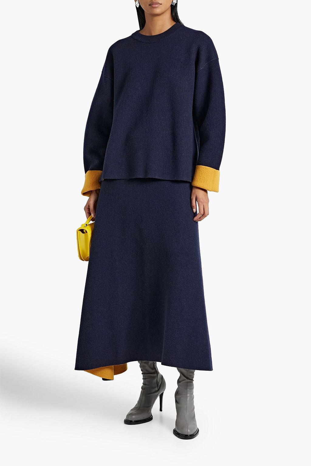 JIL SANDER تنورة طويلة من مزيج صوف ونسيج بحبكة جاكار بتصميم درابيه