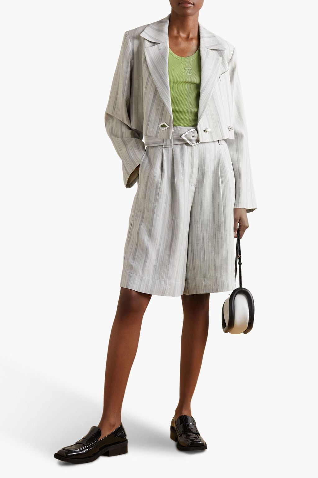 GANNI Belted striped voile shorts