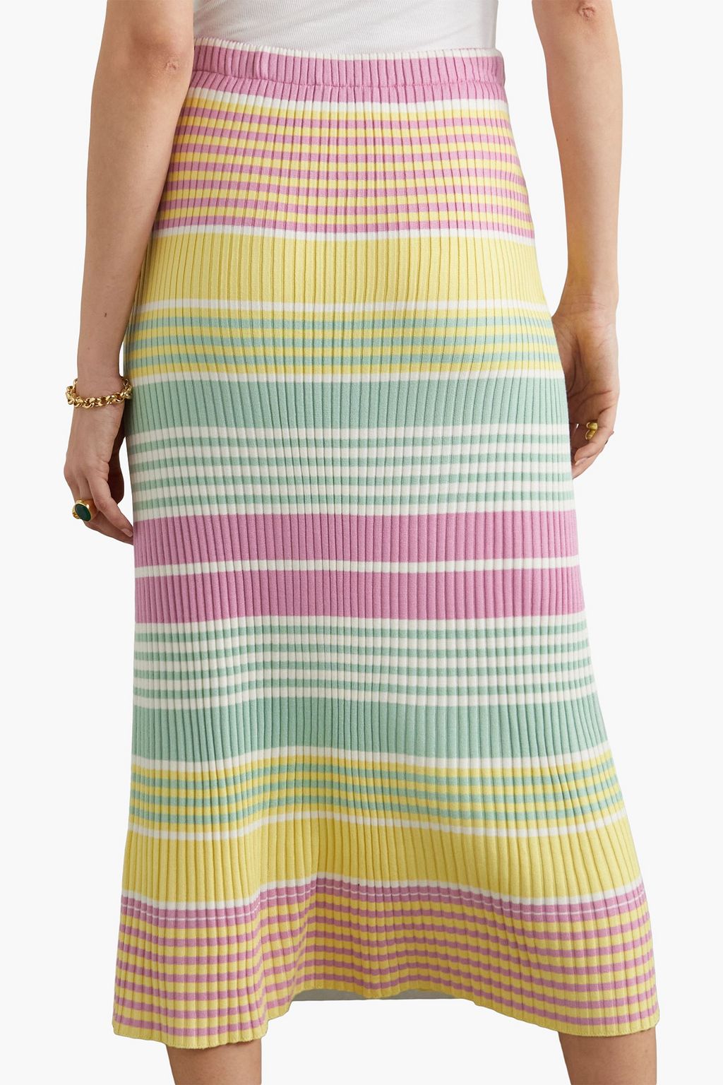 RIXO Kelly striped ribbed-knit midi skirt