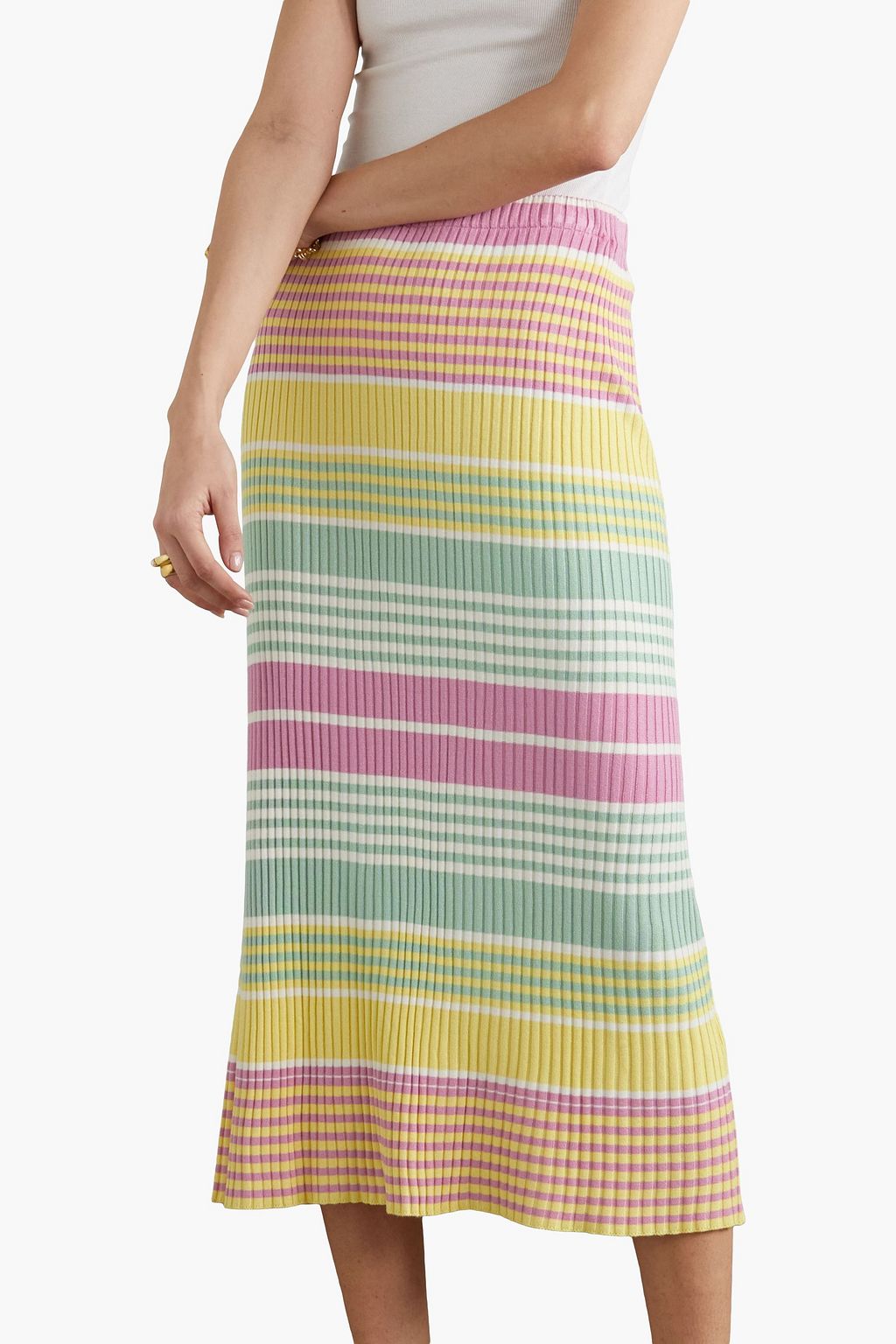 RIXO Kelly striped ribbed-knit midi skirt