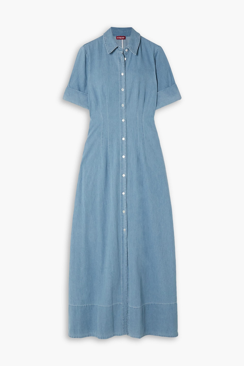 Staud Joan Cotton-chambray Maxi Shirt Dress In Blue