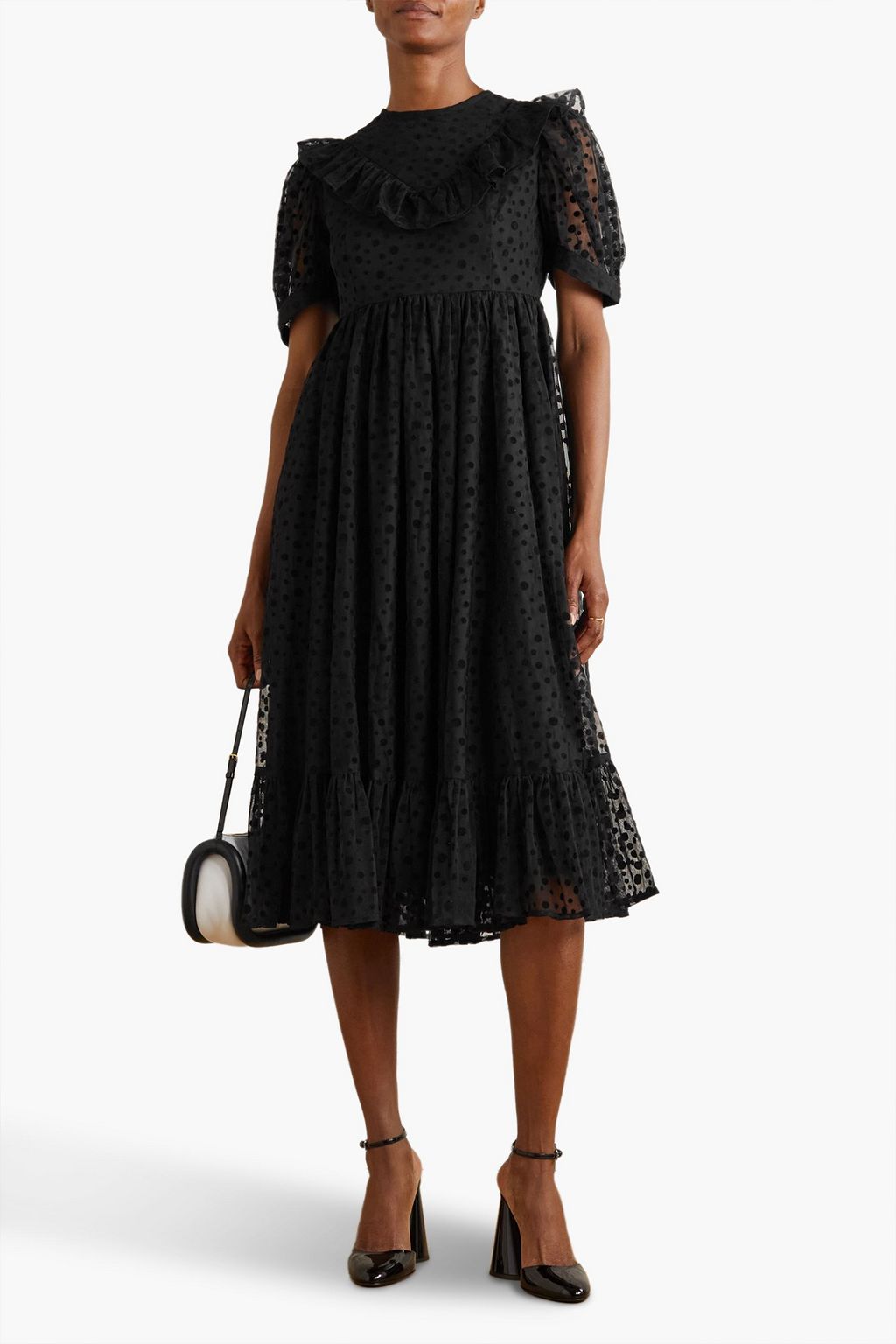BATSHEVA May ruffled polkadot flocked tulle midi dress THE