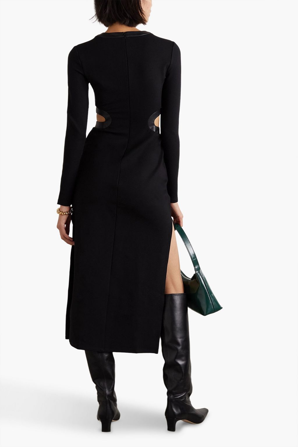 STAUD Dolce cutout faux leather-trimmed stretch-jersey midi dress