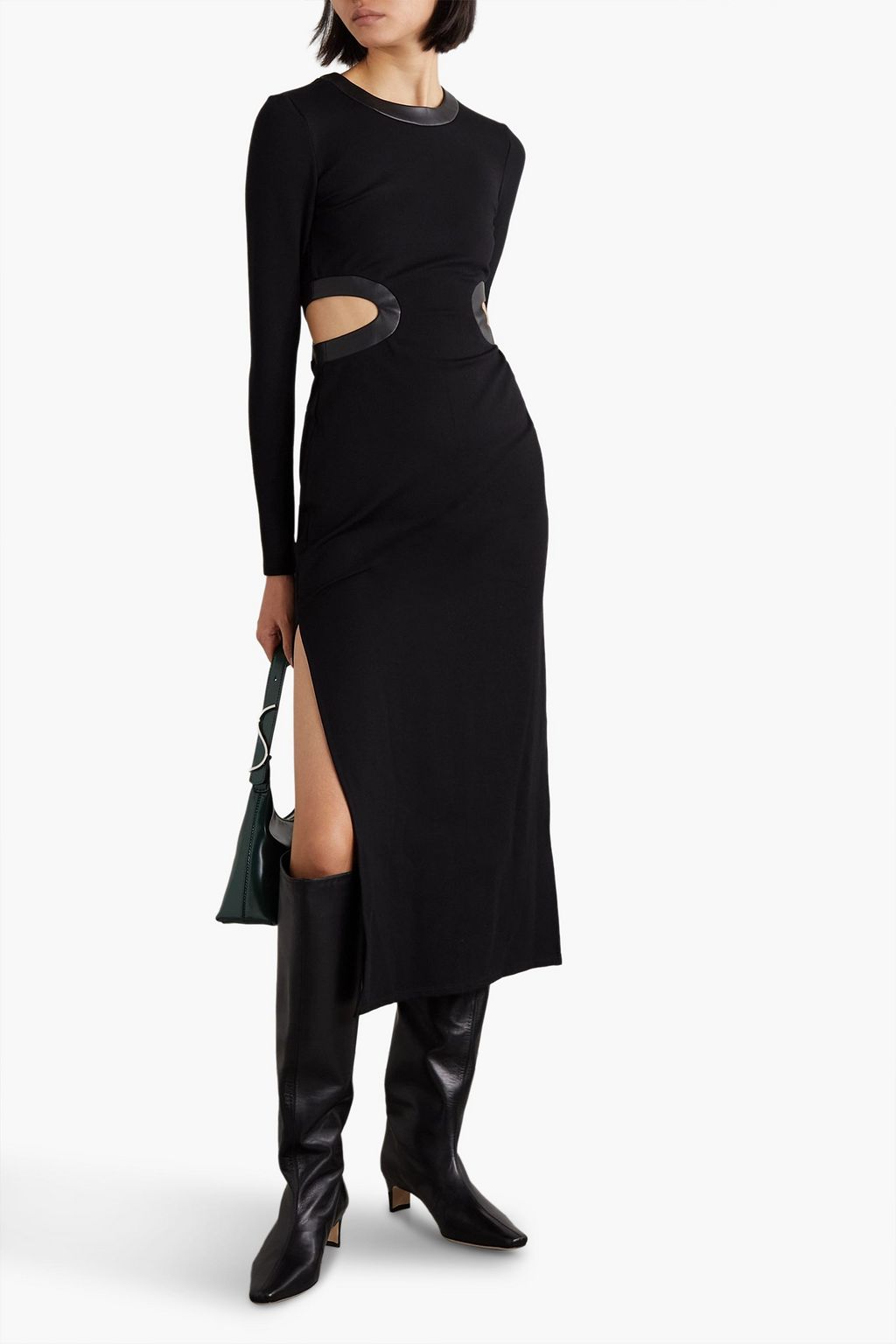 STAUD Dolce cutout faux leather-trimmed stretch-jersey midi dress