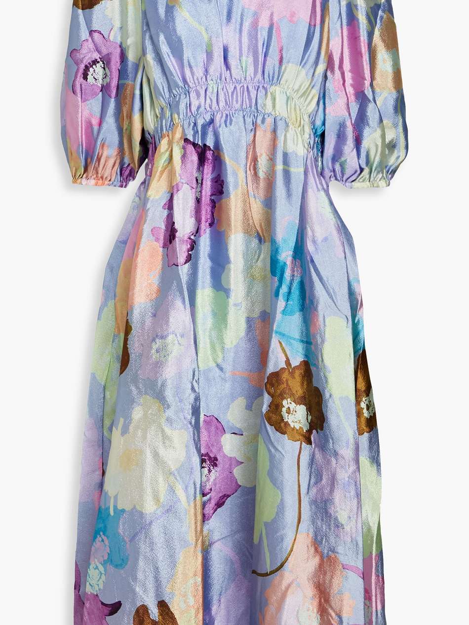 elisabeth floral-print gathered satin-crepe midi dress