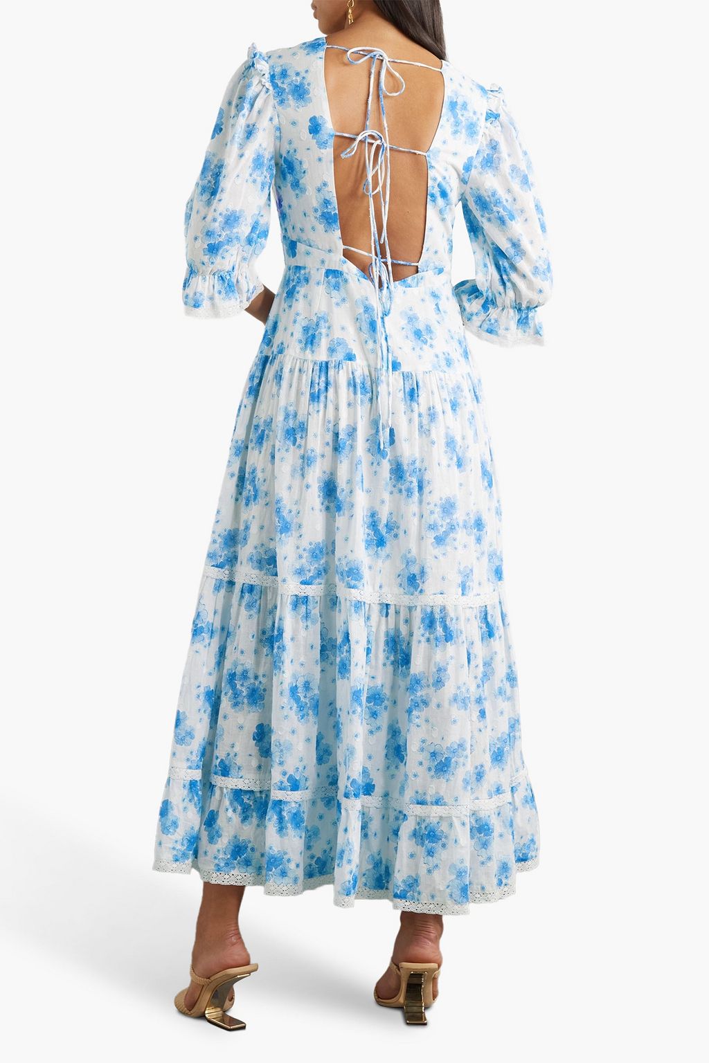 RIXO Adelaide gestuftes Midikleid aus Baumwolle mit floralem Print und eingewebten Punkten