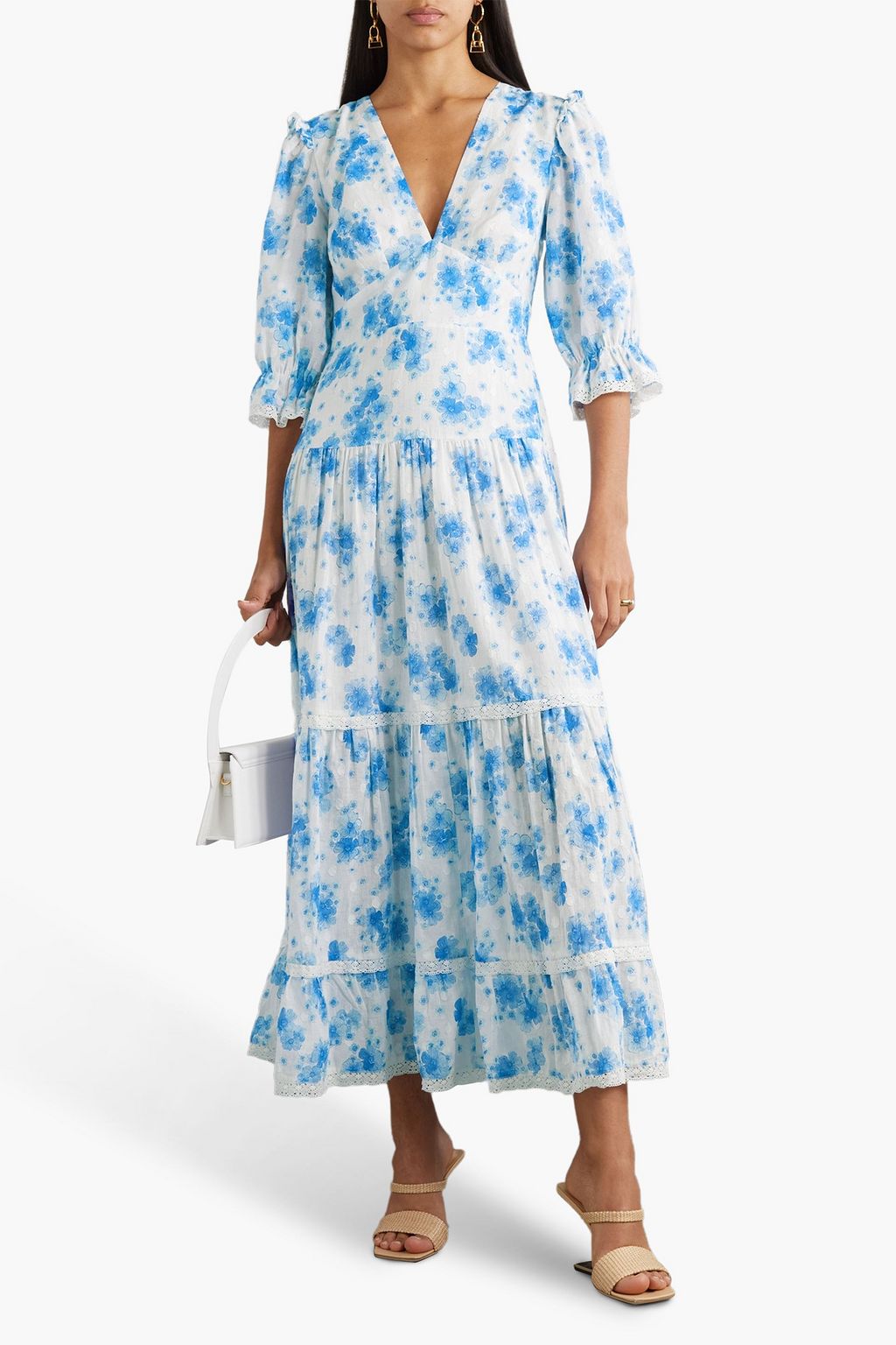RIXO Adelaide gestuftes Midikleid aus Baumwolle mit floralem Print und eingewebten Punkten
