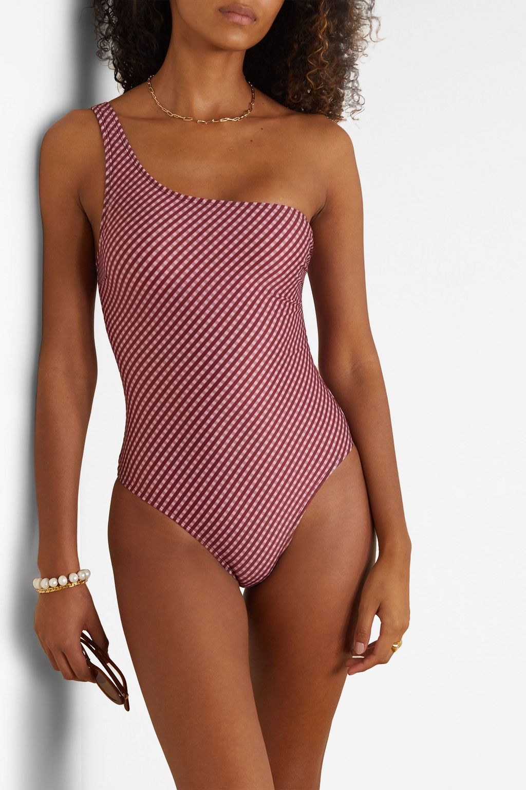 PEONY SWIMWEAR 원 숄더 깅엄 스윔수트