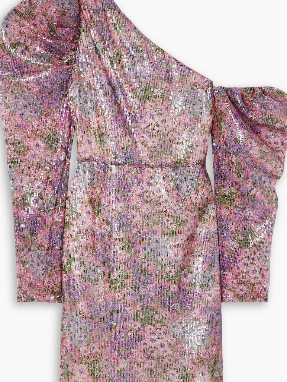 one-shoulder floral-print sequined tulle mini dress