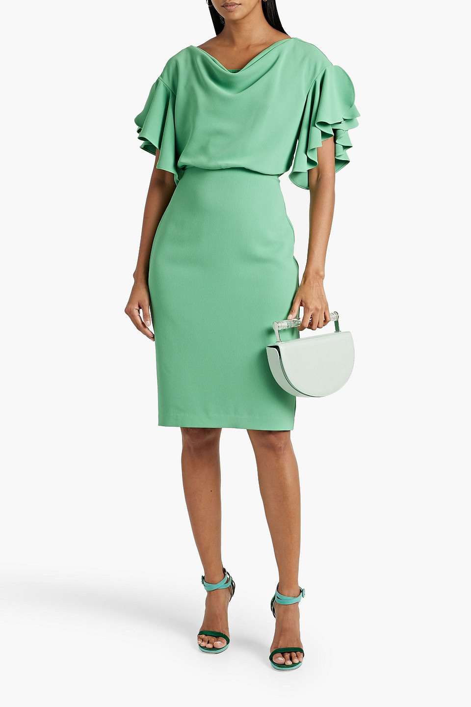 Shop Badgley Mischka Ruffled Draped Crepe Dress In Mint