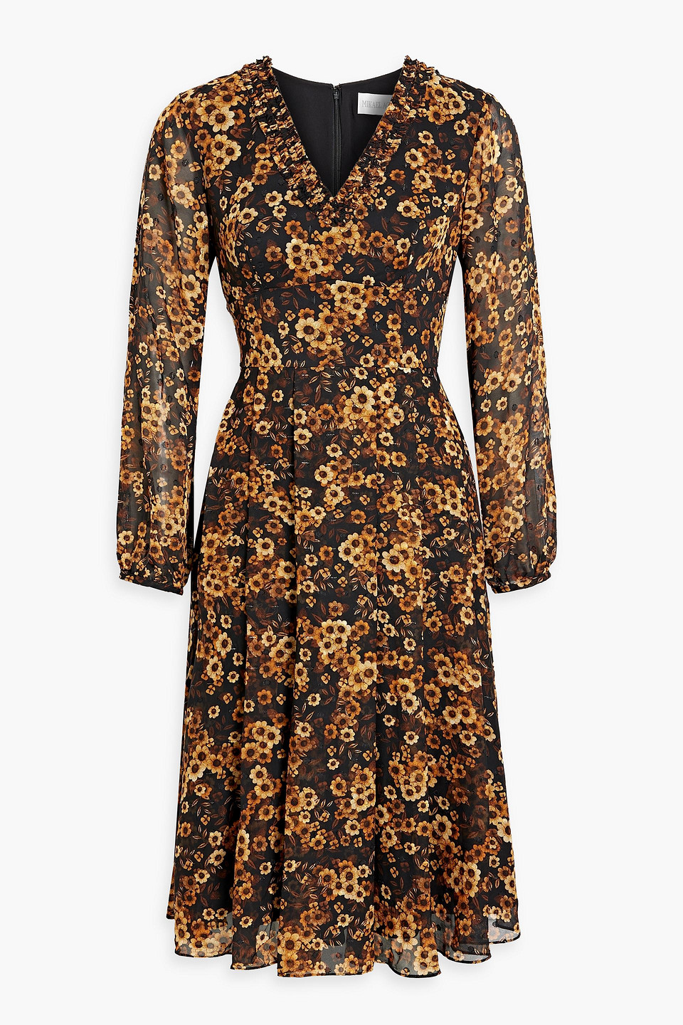 Pleated floral-print metallic fil coupé chiffon dress