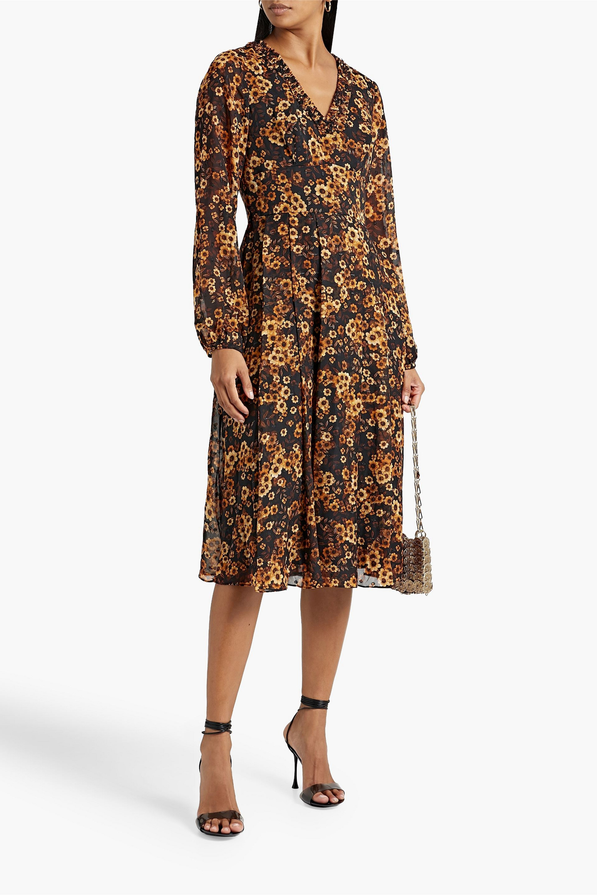 MIKAEL AGHAL Pleated floral-print metallic fil coupé chiffon dress