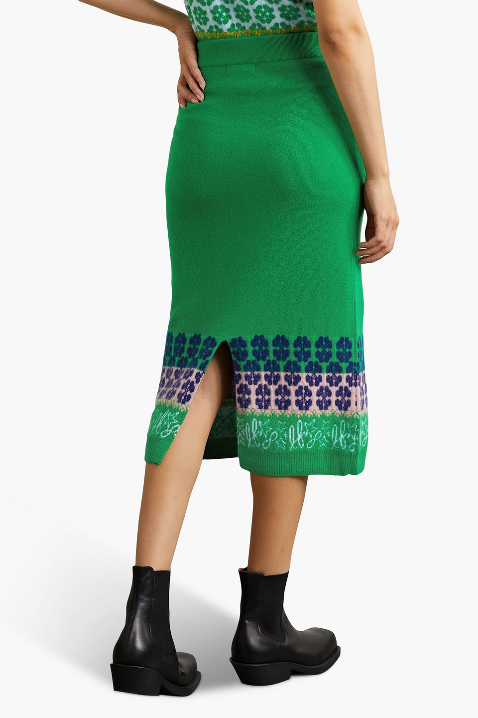 Shop Lingua Franca Jacquard-knit Cashmere Midi Skirt In Green