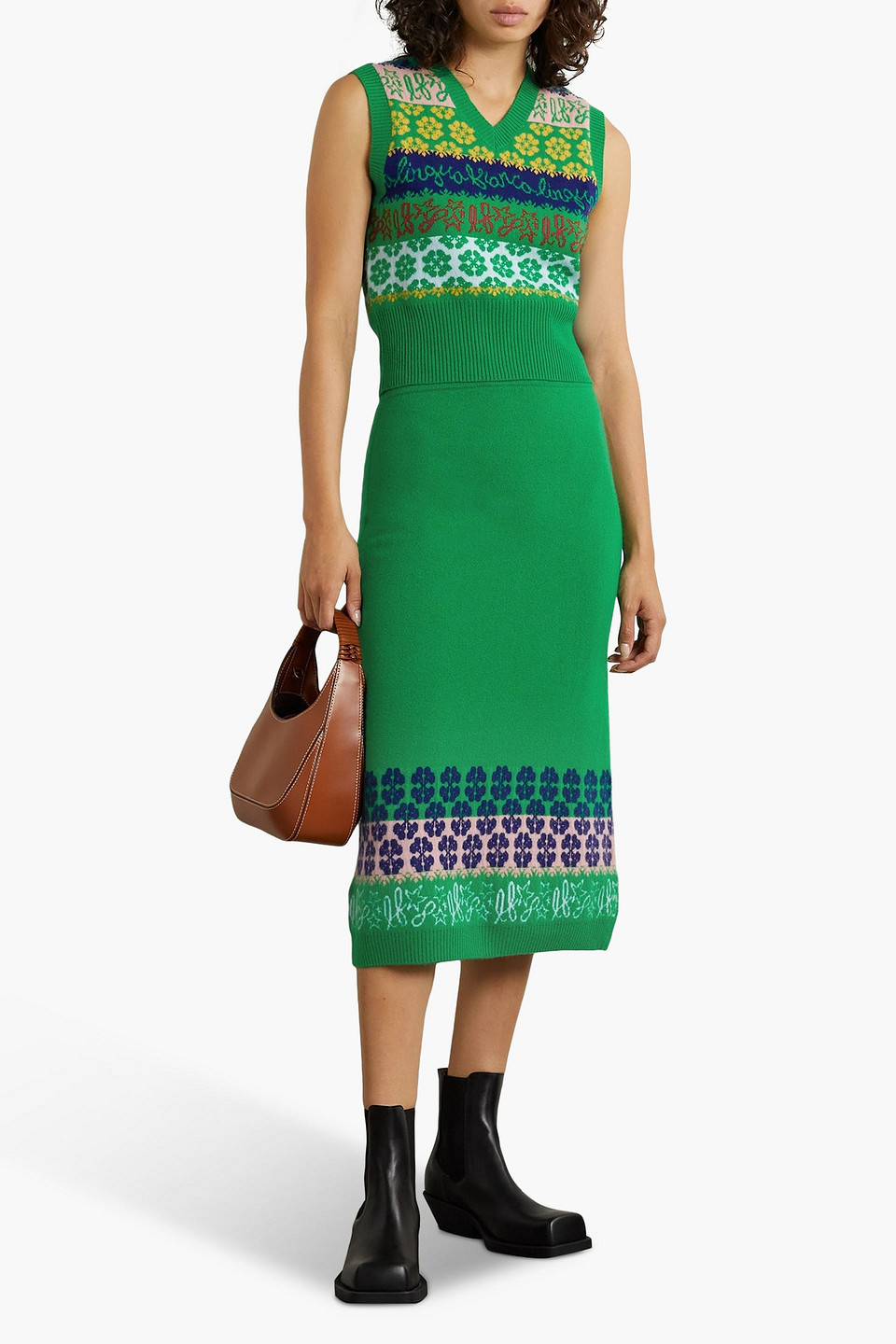 Shop Lingua Franca Jacquard-knit Cashmere Midi Skirt In Green