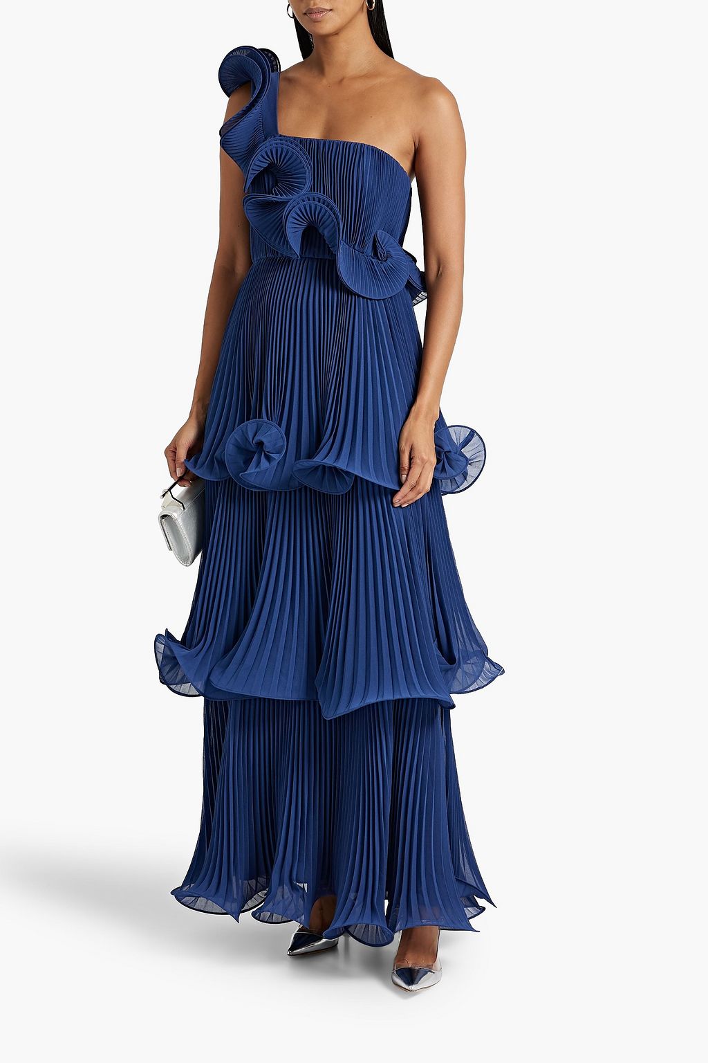 BADGLEY MISCHKA プリーツ加工シフォン ロングドレス ワンショルダー ティアード