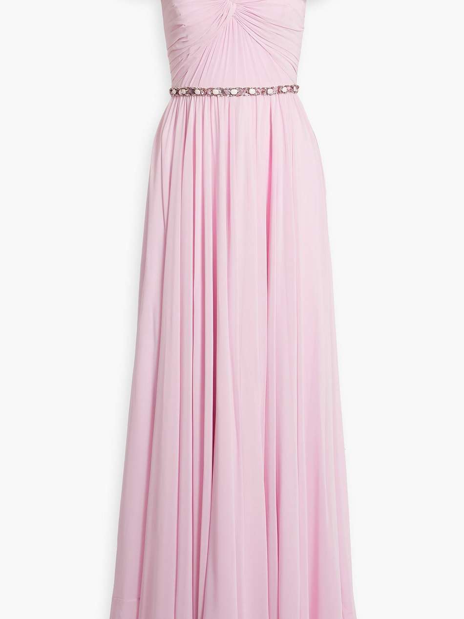 embellished ruched chiffon gown