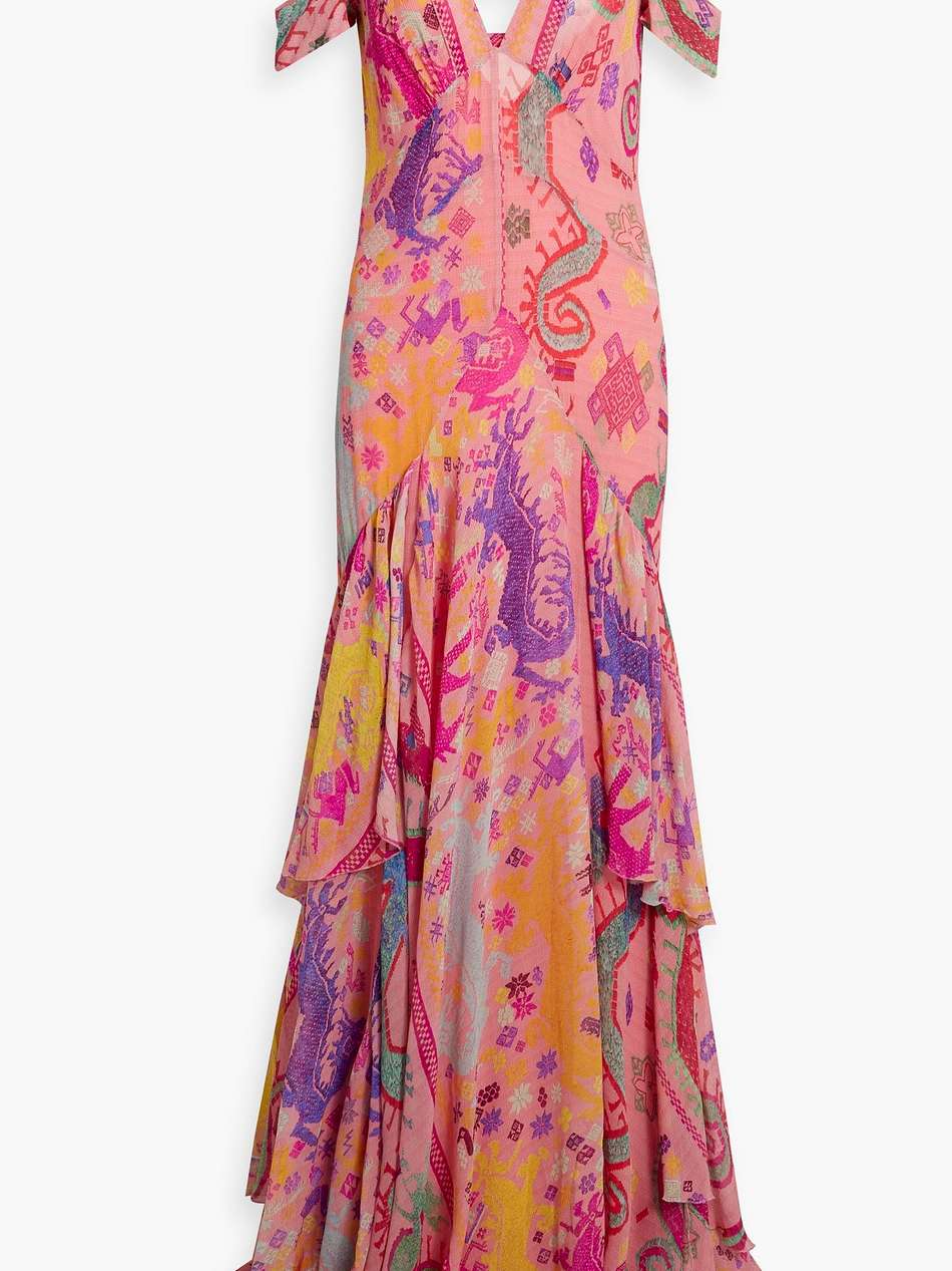 cold-shoulder cutout ruffled silk-georgette maxi dress