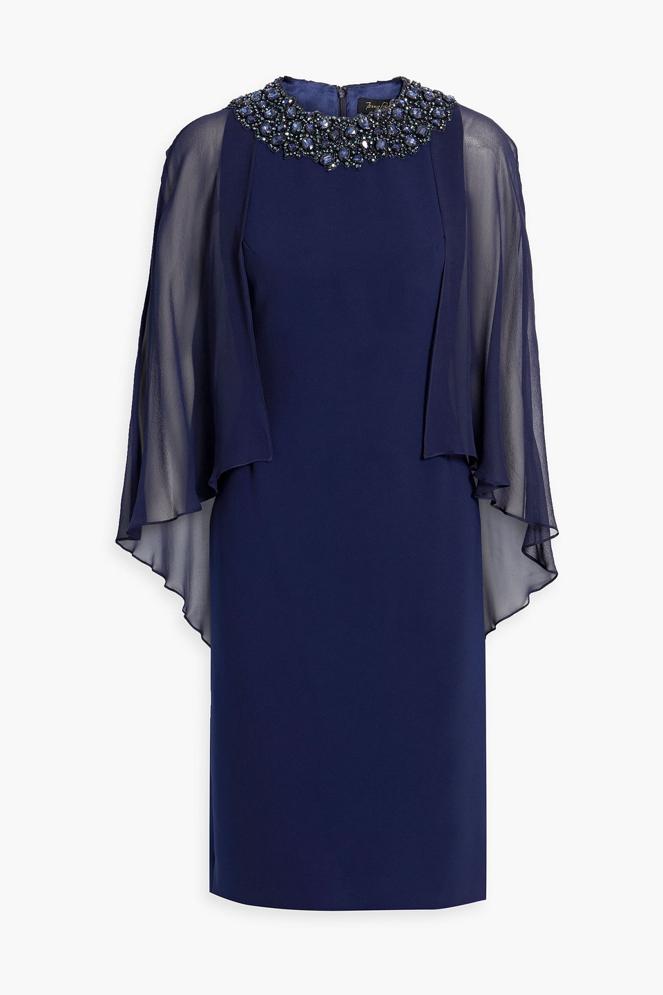 Jenny Packham Embellished Chiffon-paneled Crepe Dress In Navy