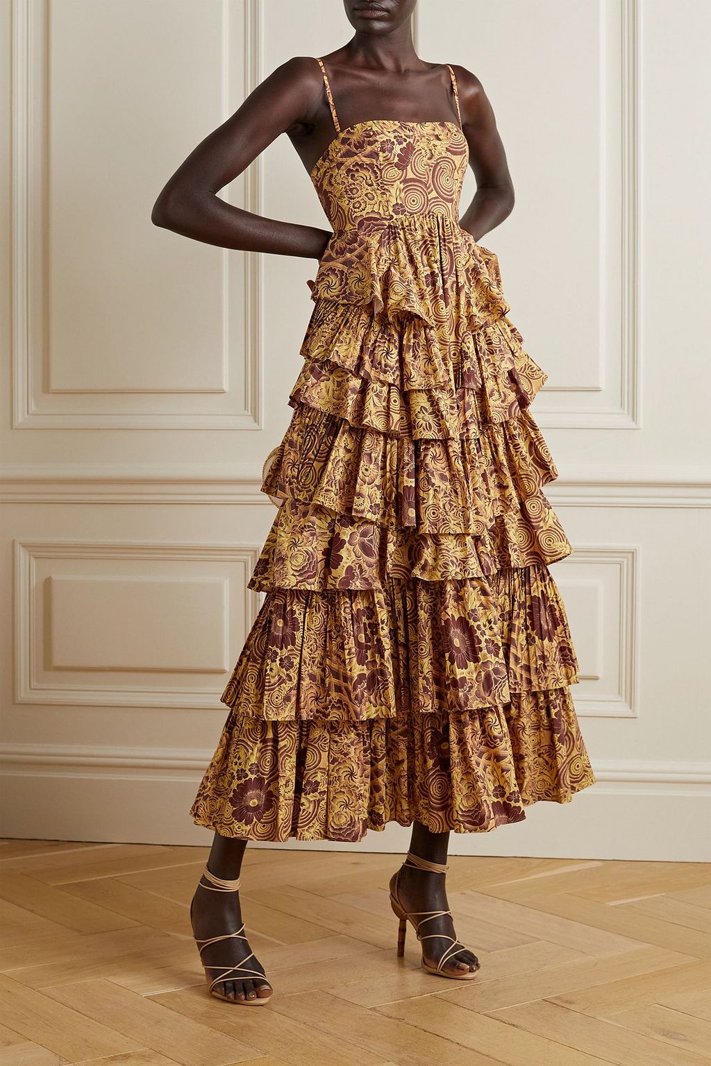 ULLA JOHNSON Avery tiered printed cotton-poplin midi dress
