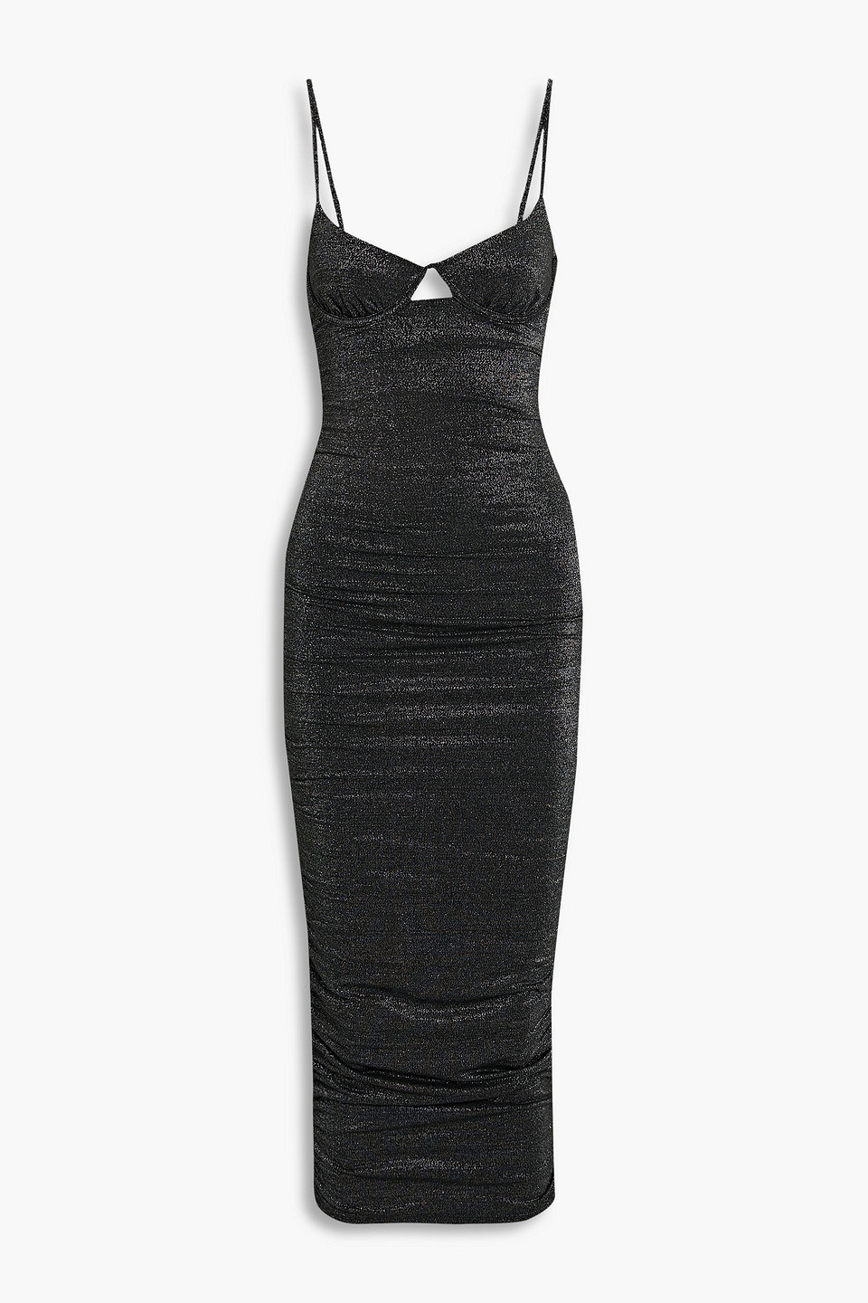 Simkhai Cristiana Cutout Ruched Metallic Jersey Midi Dress In