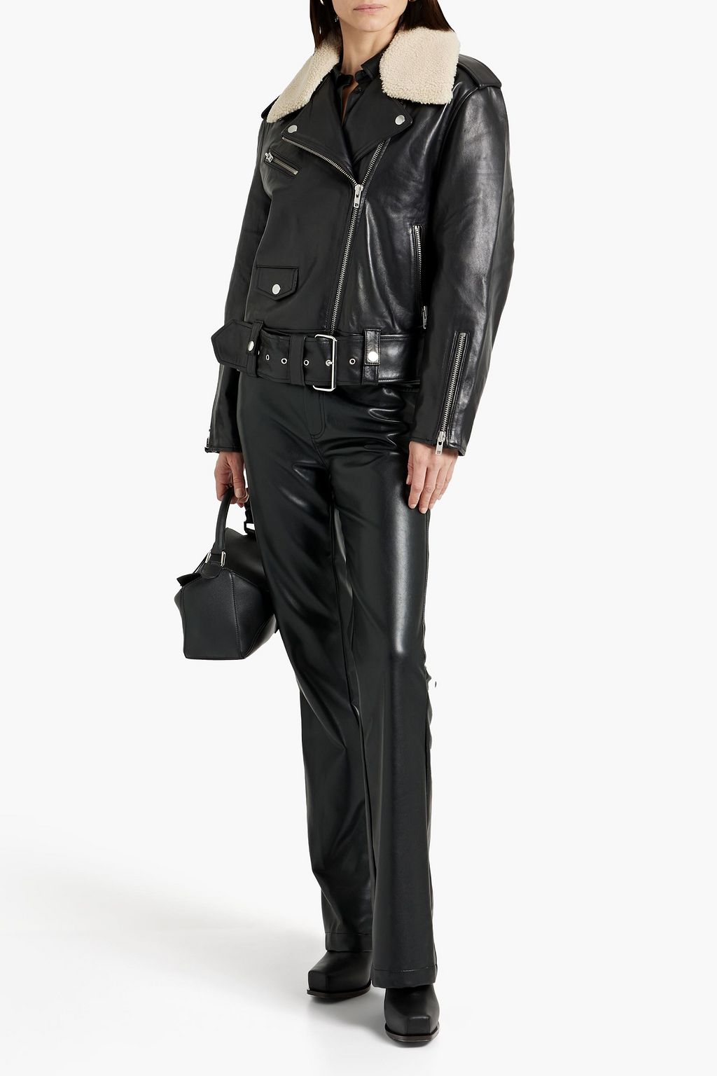 STAND STUDIO Livia shearling-trimmed leather biker jacket