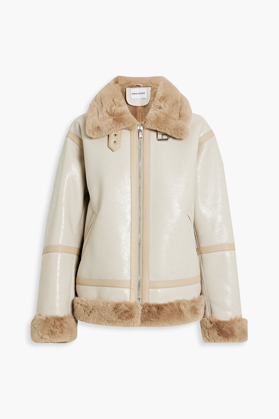 Stand Studio Raina Faux Leather Jacket With Eco Fur Trims In Beige