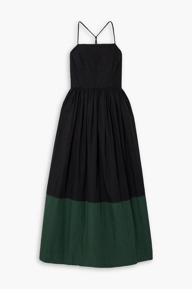 Gathered two-tone cotton-poplin maxi dress