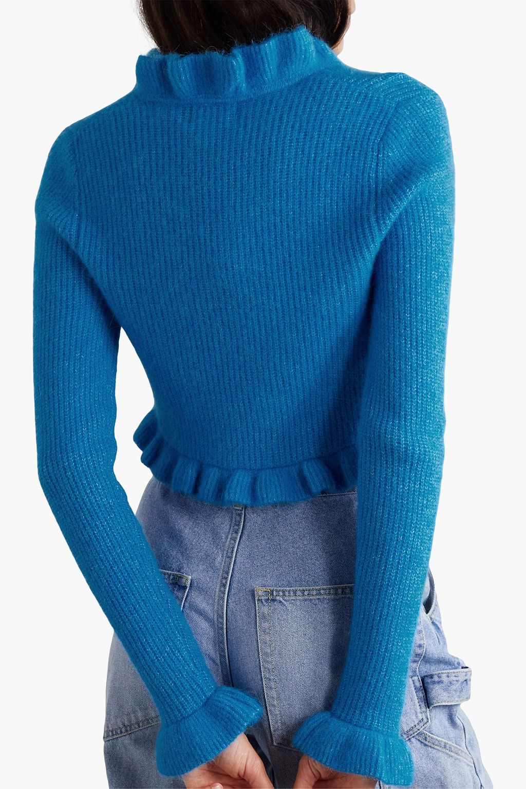 GANNI Ruffled ribbed-knit cardigan
