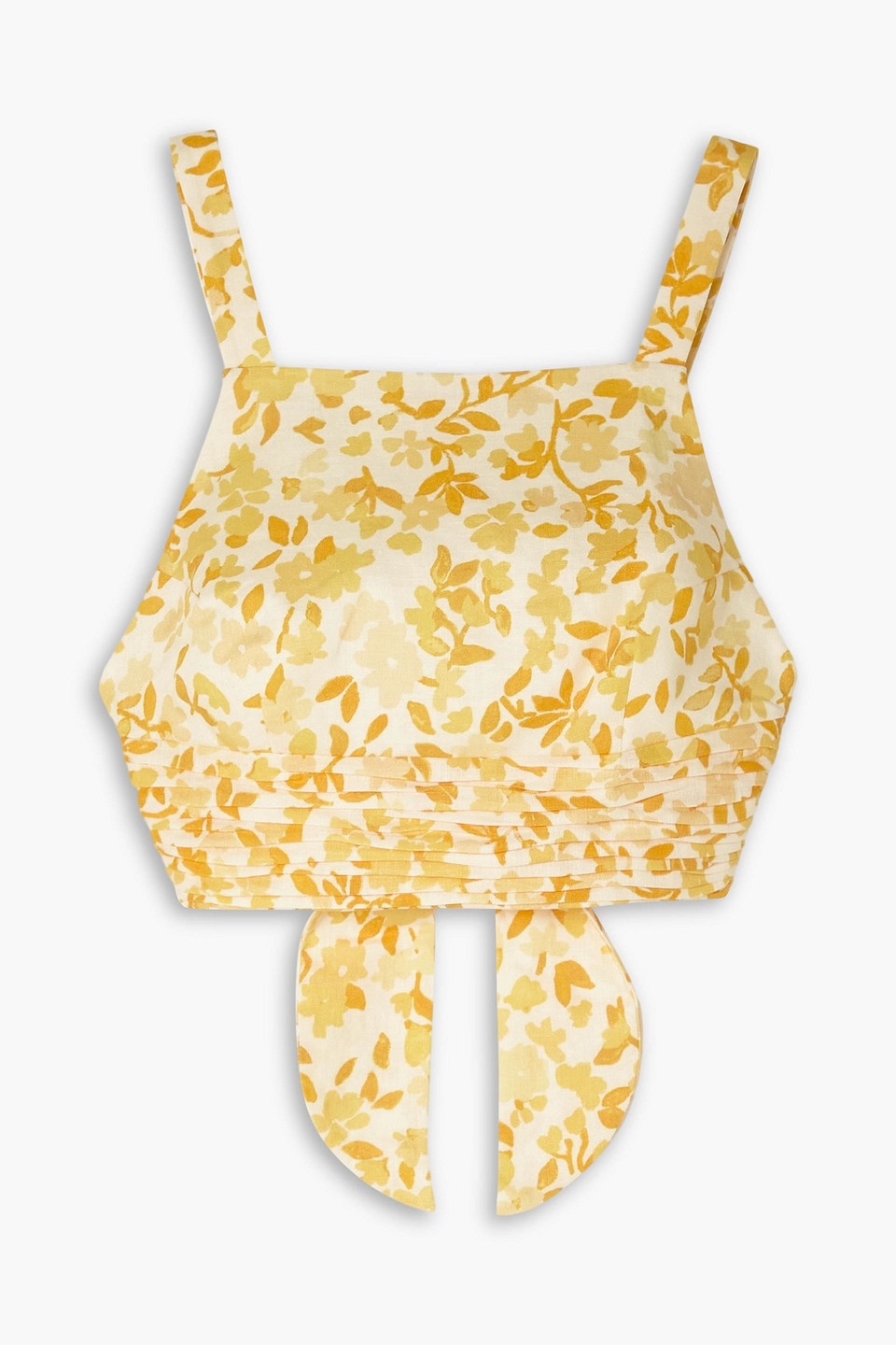 Peony Cropped Open-back Floral-print Linen Top In Pastel Yellow