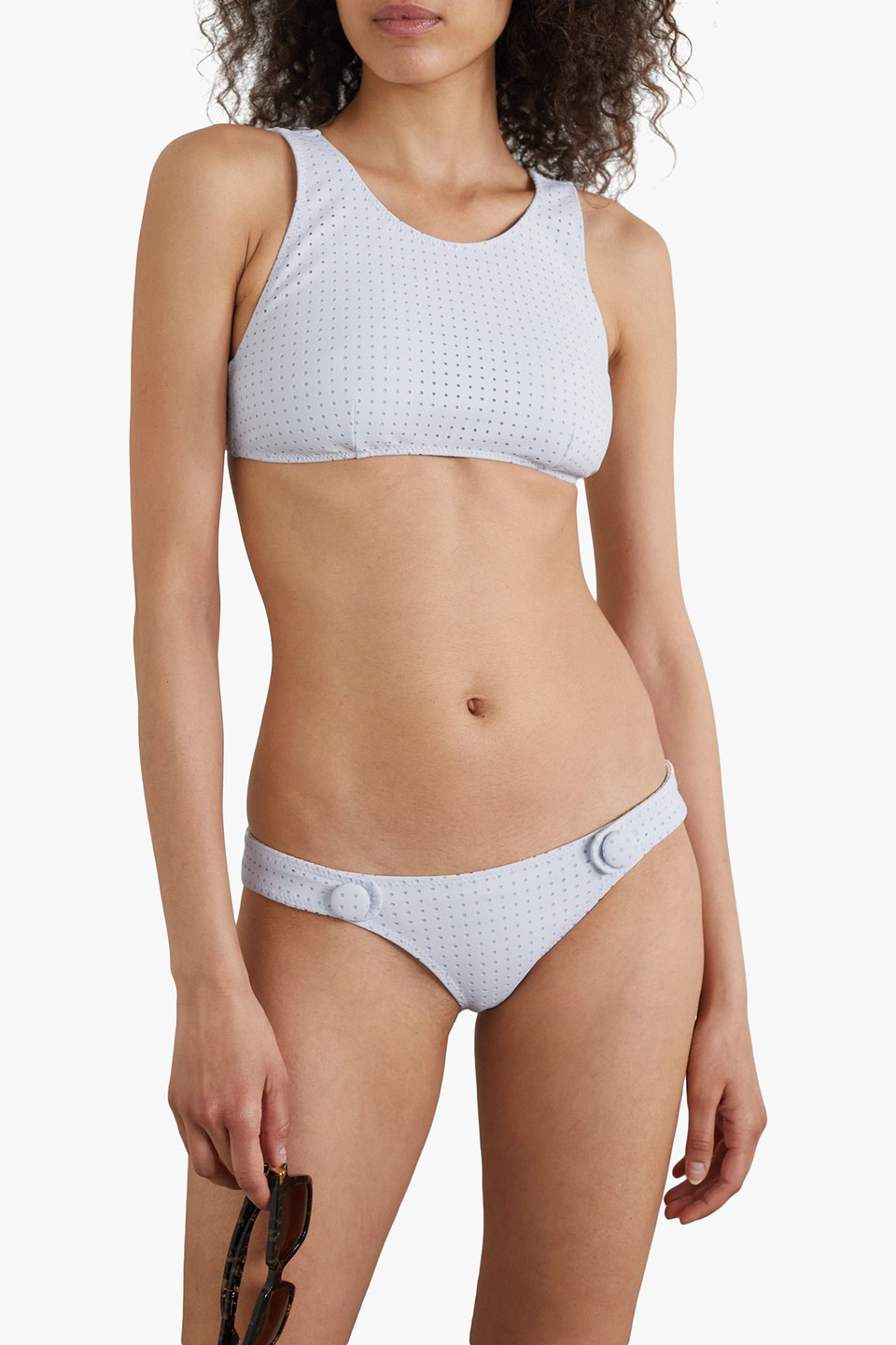 LISA MARIE FERNANDEZ BUTTON-EMBELLISHED PERFORATED BIKINI
