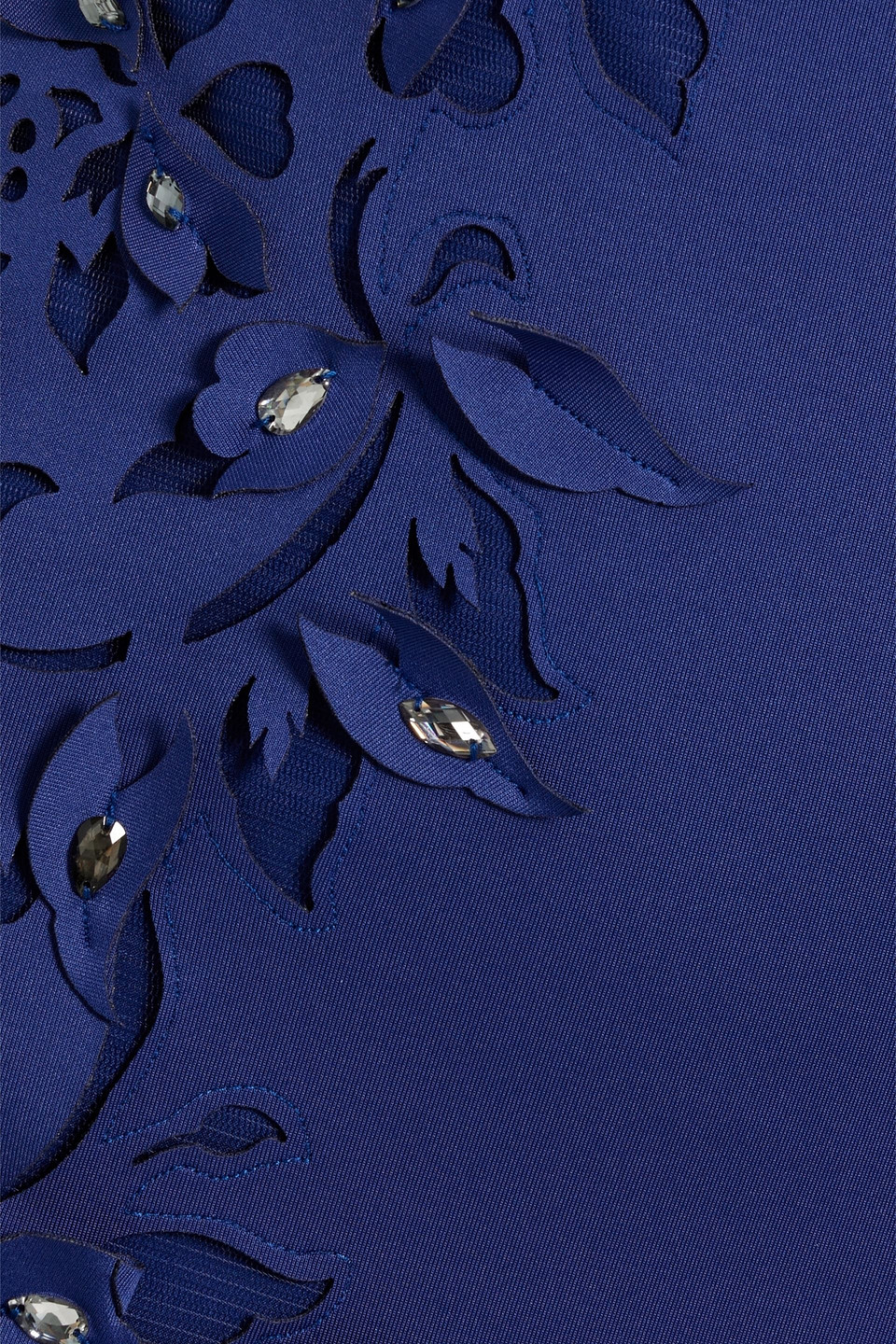 Badgley Mischka Robe Aus Lasergeschnittenem Scuba Mit Kristallverzierung In Indigo