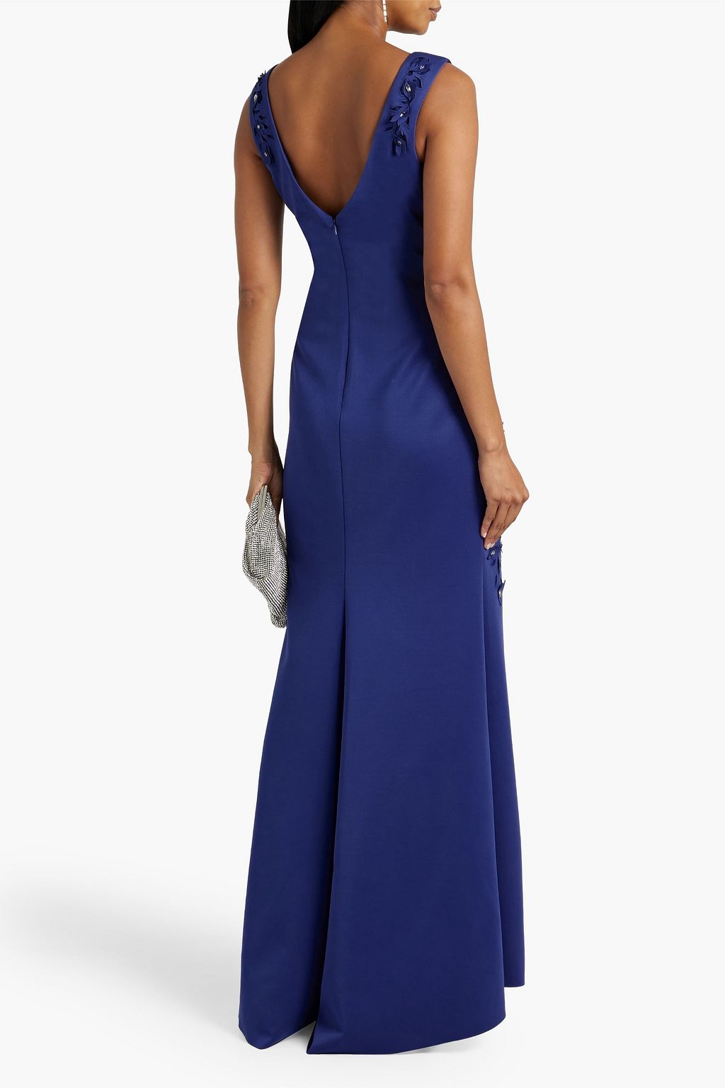 BADGLEY MISCHKA فستان سهرة من قماش سكوبا مقصوص بالليزر ومزيّن بالكريستال