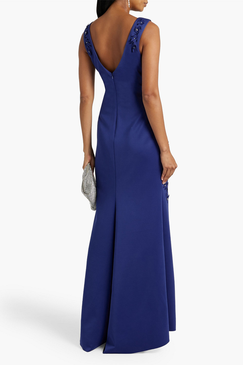 Shop Badgley Mischka Crystal-embellished Laser-cut Scuba Gown In Indigo