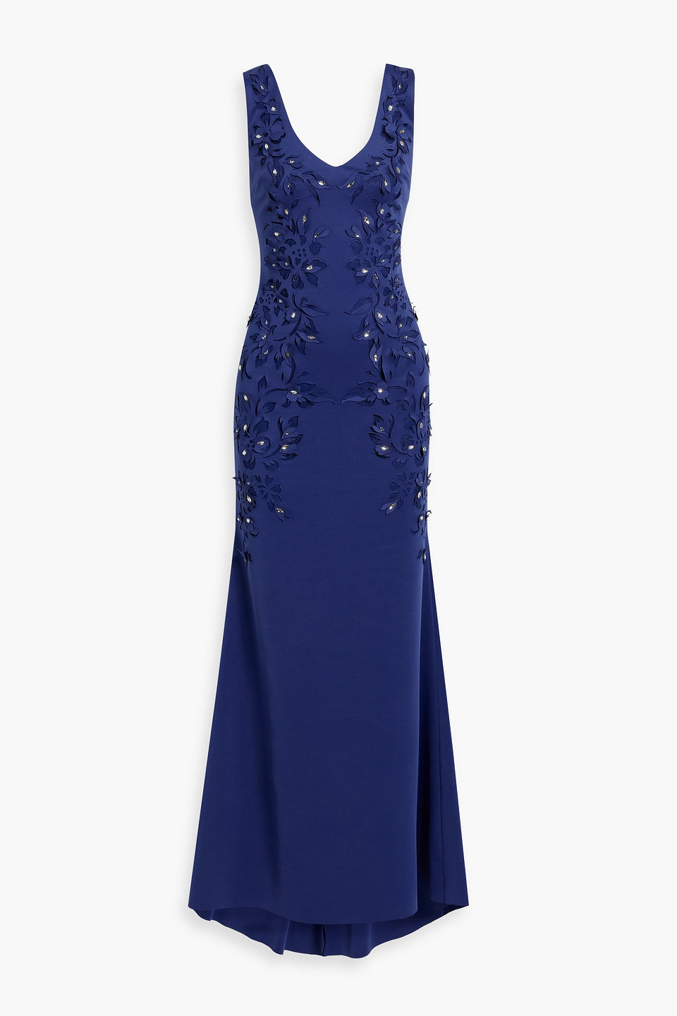 Shop Badgley Mischka Crystal-embellished Laser-cut Scuba Gown In Indigo