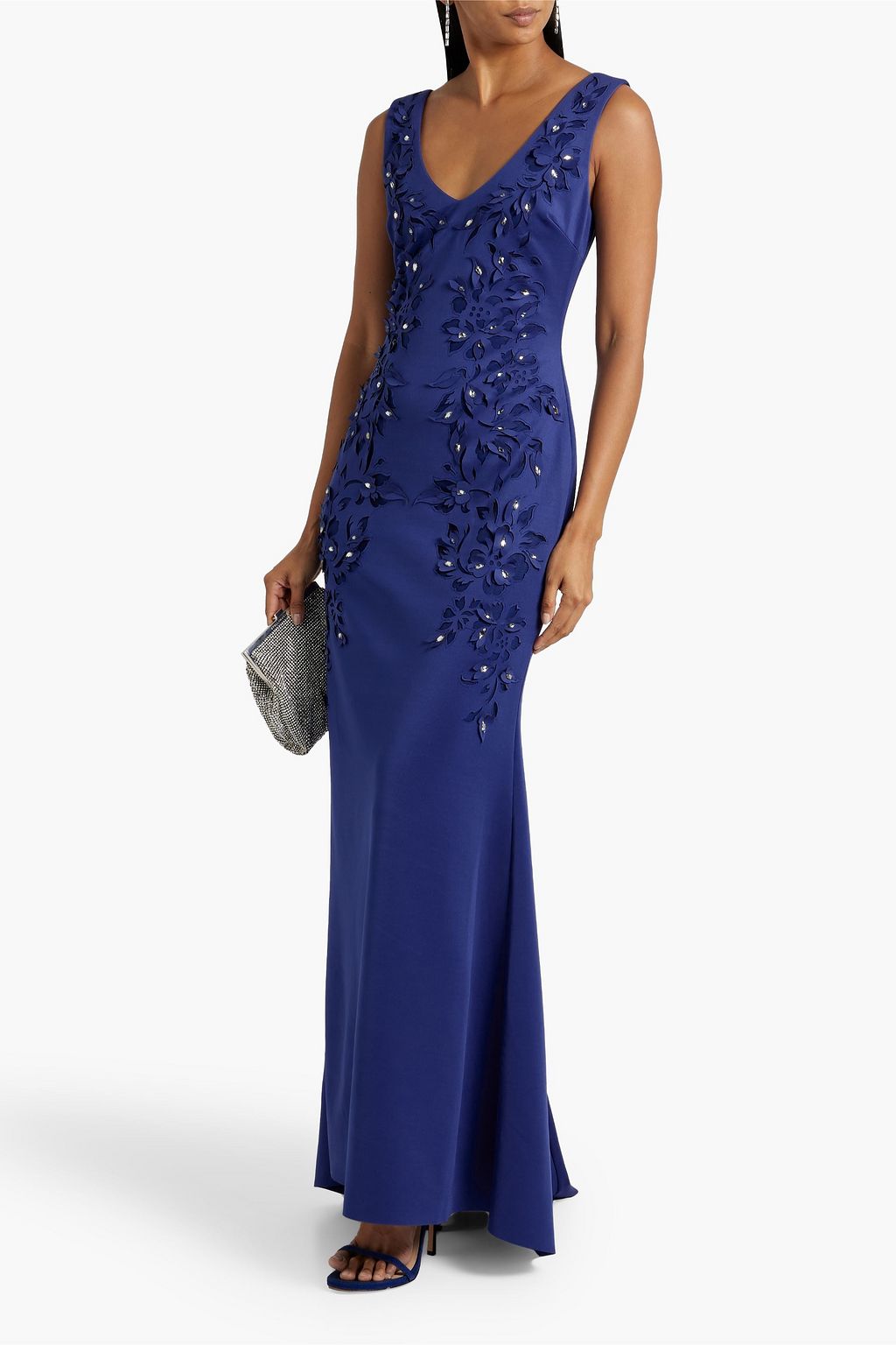 BADGLEY MISCHKA فستان سهرة من قماش سكوبا مقصوص بالليزر ومزيّن بالكريستال