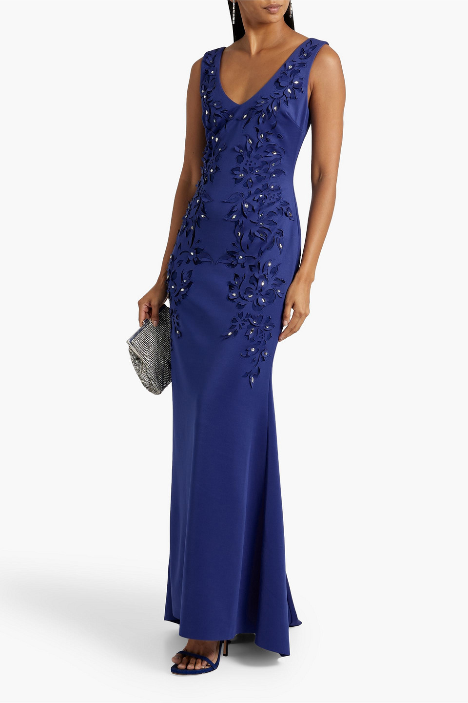 Shop Badgley Mischka Crystal-embellished Laser-cut Scuba Gown In Indigo