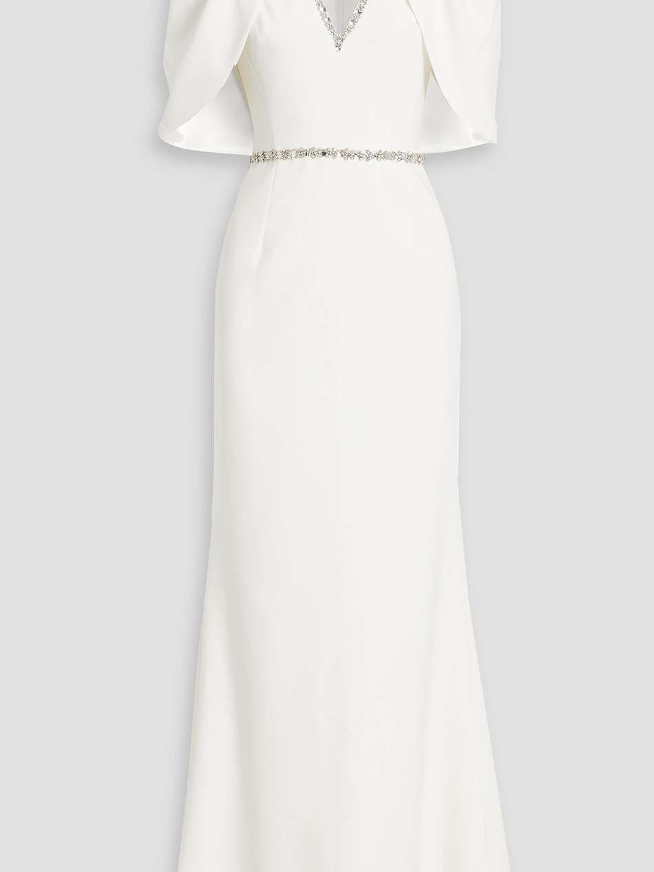 cape-effect embellished crepe bridal gown